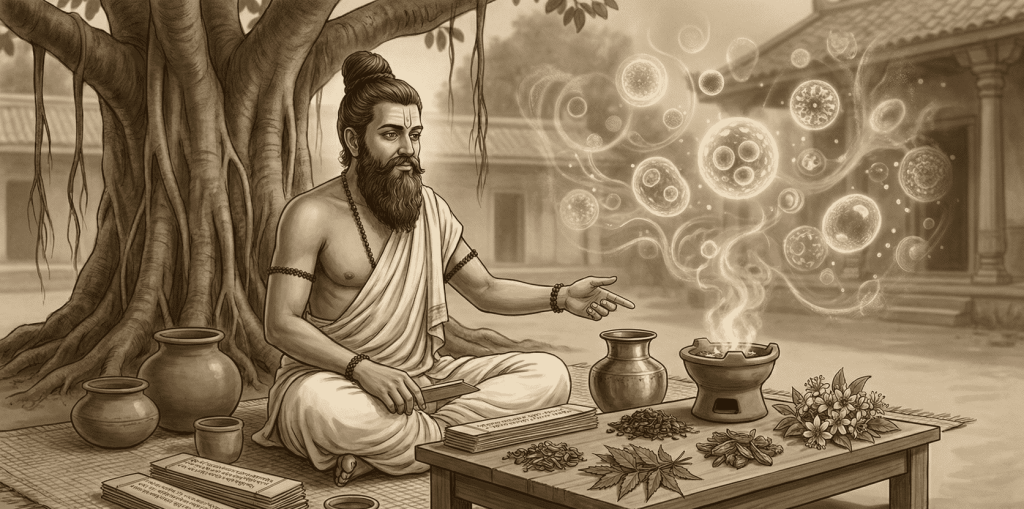 An ancient saint is to be seen doing meditation which helps him to gain a philosophical perspective 
(Darshan) about science and the universe, www.deepjyotimondal.com
