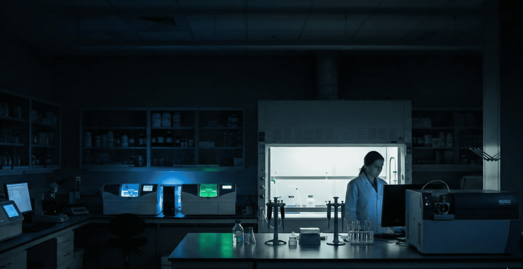 A modern day biotechnology lab and a student is seen having thoughts and taking readings from the experiment she is performing or the practice she is having. www.deepjyotimondal.com